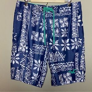 Hollister California Swim Shorts Trunks Men Large Blue White Floral Green String